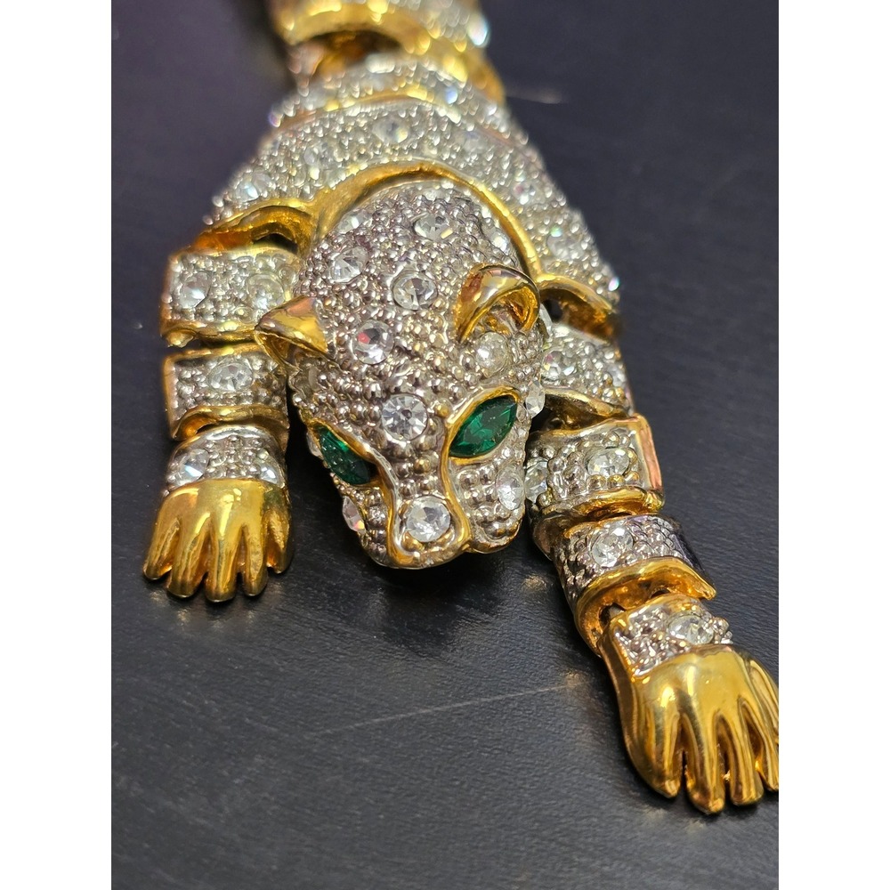 Vintage Articulated Panther Brooch Gold Silver Tone Green Rhinestone Jointed